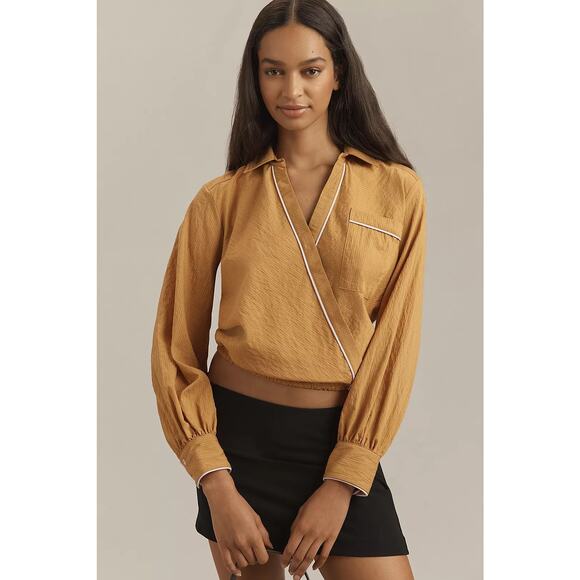 Anthropologie Maeve Yellow Motif Wrap Blouse Long Sleeve Piped NWT Size Large - Picture 1 of 9